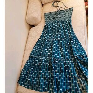 Calypso St. Barth Tropical Smocked Strap Halter Midi Dress Blue Sz S $625 NEW!